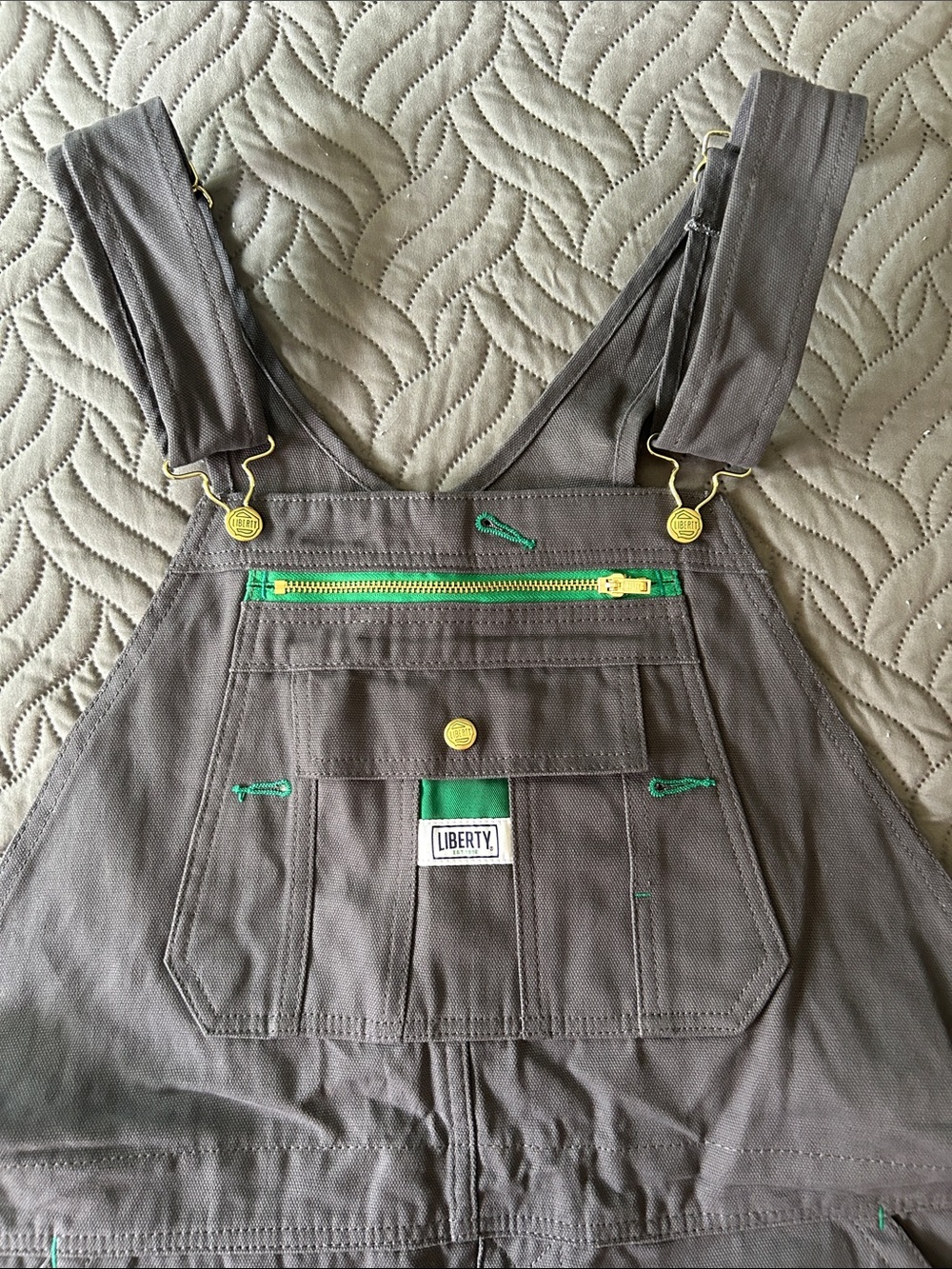NWT - Liberty Gray Overalls with Green Accents and Gold Hardware